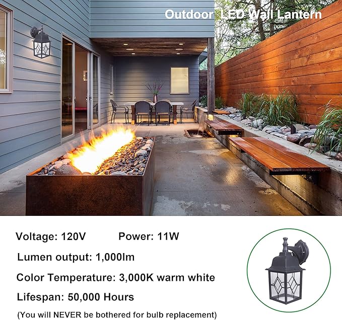 LIT-PaTH Outdoor LED Wall Lantern Large Exterior Wall Light Fixture 3000K Warm White 11W 1000 Lumen Matte Black Anti-Rust Aluminum Porch Lighting for Outside Patio Garage 1 Pack