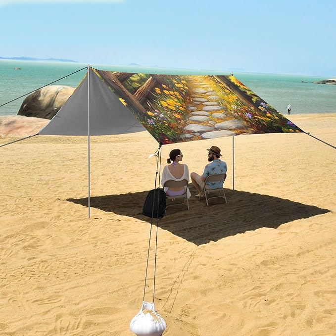 Bolaz Beach Canopy Tent Sun Shade9'×10.5' Large Family Beach Shade UPF50+- Outdoor Shade for Camping Trips FishingSunflower Field Wooden Fence
