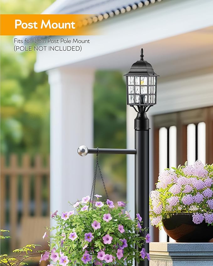VIANIS Lamp Post Light Fixture with Mount Base Modern Black Exterior Post Lantern Fixture with Tempered Glass Anti-Rust Aluminum Light Posts for Outside for Driveway Backyard Patio Garden E26