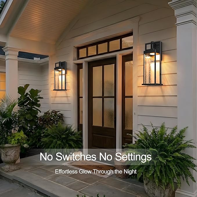 LED Outdoor Light Fixture 18Inch Waterproof Dusk to Dawn Outdoor Lighting Water Rippled Glass Exterior Lantern Sconce Modern Outside Wall Light for Porch House Garage Black