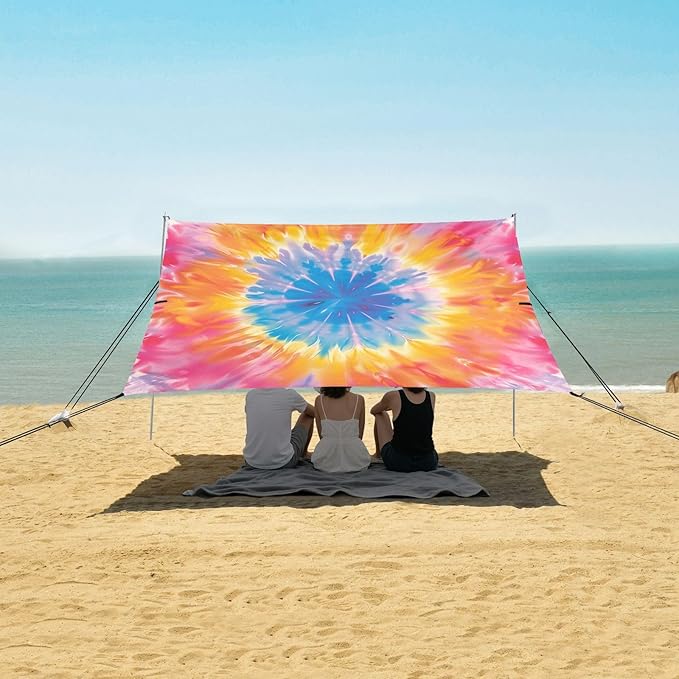 ALAZA Tie Dye Pink Yellow &amp Blue Beach Tent Sun Shelter UPF50+ Protection Beach Shade Canopy w/ 4 Sandbags for Outdoor Camping Fishing Backyard Fun Picnic 10x9 ft