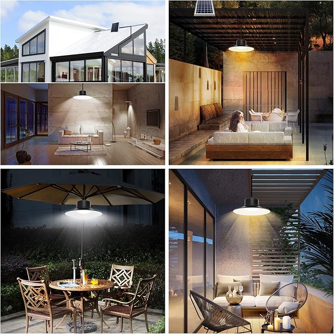 NIORSUN Solar Lights Outdoor LED Solar Pendant Light 3000K|4000K|5000K| Dimmable Lighting with Remote Control 16.4ft Cable IP66 Waterproof for Patio Garage Camp Chicken Coop Shed Barn