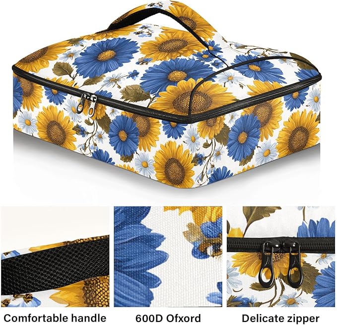 Casserole Carrier Pattern Sunflowers and Blue DaisiesInsulated Casserole Carrier for Hot or Cold Food Thermal Lunch Tote for Potluck Parties Picnic Beach Fits 9 x 13 Inches Baking Dish