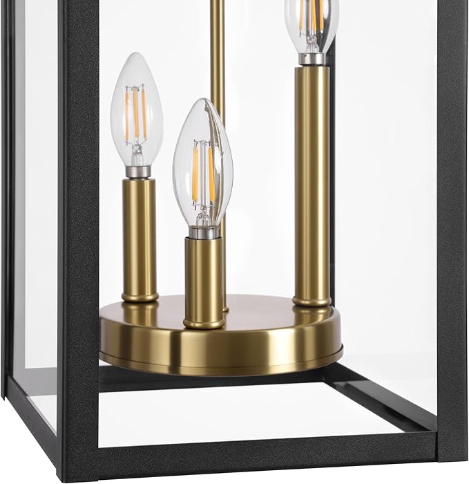 LamQee Large Outdoor Pendant Lights 3-Lights Black and Gold Outdoor Chandelier Lighting Fixture Modern Exterior Ceiling Hanging Lantern with Glass for Porch Front Door Patio Gazebo Entryway Foyer