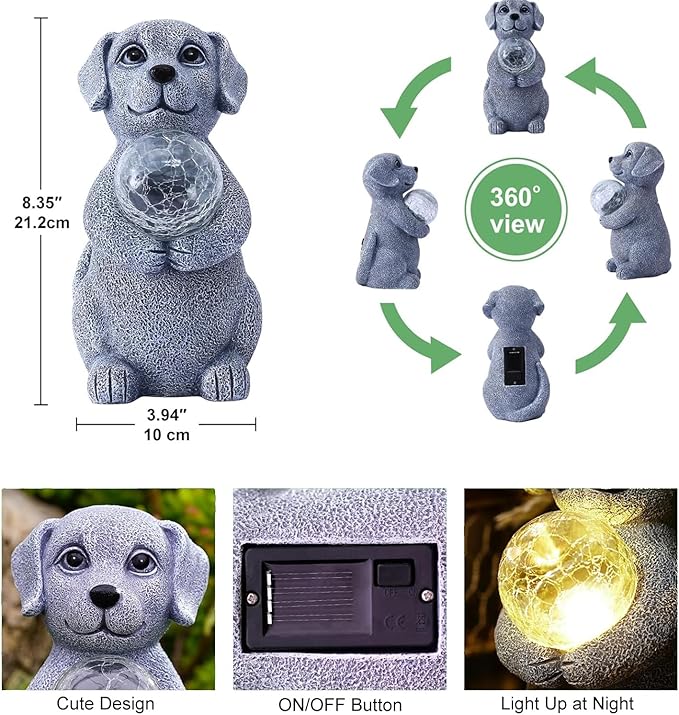 Dog Garden Statues - 8.4 Dog Decor with Gazing Ball LED Lights Unique Gifts for Mom Grandma Birthdays Outdoor Decor for Outside Lawn Porch Patio (Gray)