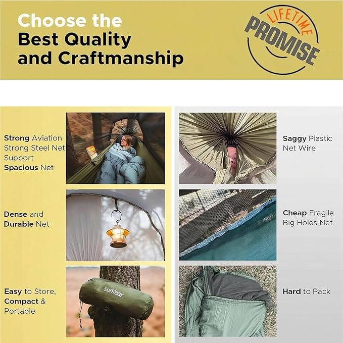 Sunyear Camping Hammock Tent - Portable Hammocks with Mosquito Net (Single/Double 500lbs Capacity) - Spacious &amp Anti-Rollover Design with 2 Tree Straps for Hiking Backpacking Indoor/Outdoor Use