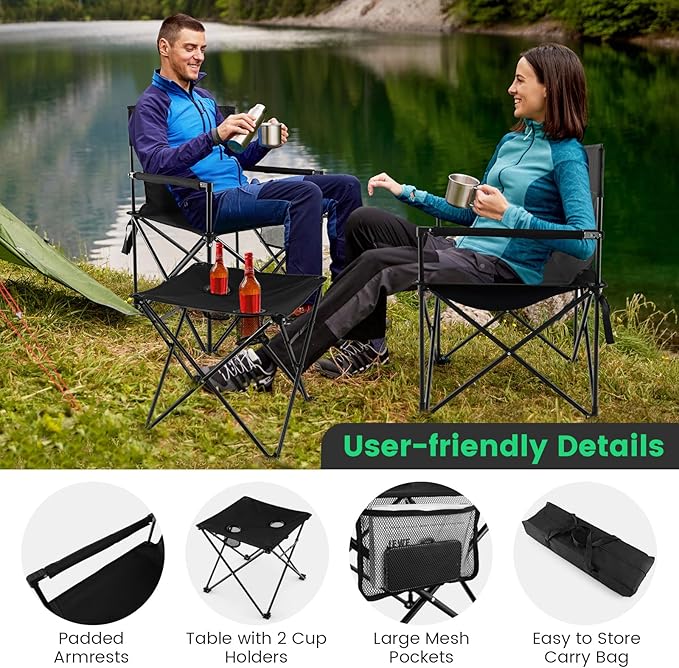 Giantex Camping Chair and Table Set - 3 Pack Folding Beach Chair with Side Table 2 Cup Holders Storage Pockets Carrying Bag 400 lbs Capacity Hammock Camping Chair for Fishing Hiking Picnic BBQ