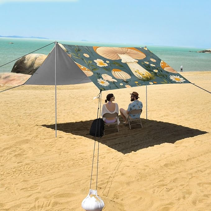 Mushroom Daisy Pattern Camping Sun Shelter Beach Tent Portable Beach Sun Shade Outdoor Canopy for Camping Trips Fishing Picnic