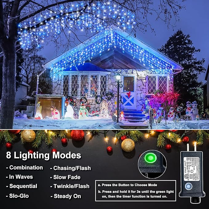 Icicle Lights for Outside 33FT 400 LED Icicle Christmas Lights Outdoor with Waterproof 8 Modes Plug in Timer String Twinkle Light for Indoor Home Roof Window Yard Wedding Decorations Blue and White