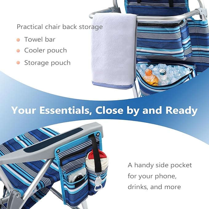 PASAMIC Backpack Beach Chair for Adults Portable Lay Flat Reclining Beach Chair with 5 Positions Tall Heavy Duty Folding Chairs with Cup Holder Cooler Pouch Storage Pouch Towel Bar Blue Stripe