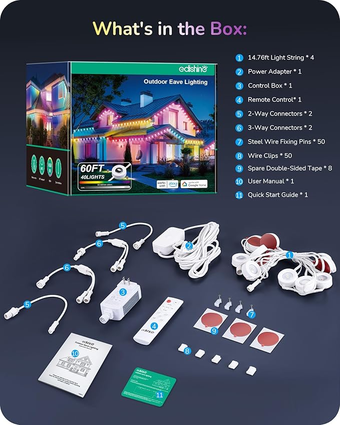 EDISHINE 60ft Permanent Outdoor Lights 40 LED Eave Light with App/Remote Smart Rainbow RGBW Holiday Light with 50 Scene Modes IP67 Waterproof for House Compatible with Alexa Google Assistant