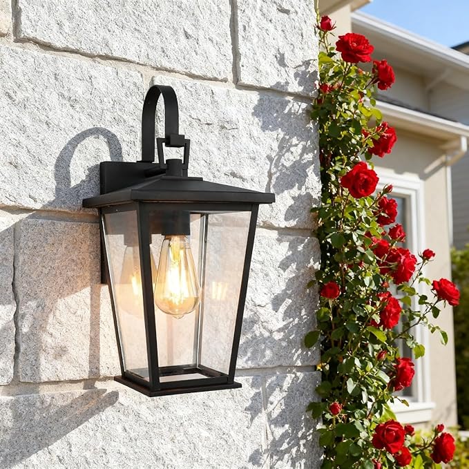 Kalium Outdoor Wall Lights Fixtures Lantern Frame 16 1/8 Outside Lights Black Transitional Durable Metal Clear Glass for Post Exterior Barn Deck House Porch Yard Patio Garage Garden