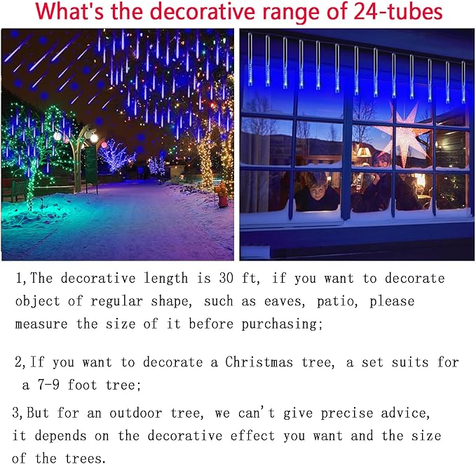 Kwaiffeo Outdoor Christmas Decorations 24 Tubes(Equivalent to 3 Sets of 8-Tubes) LED Meteor Shower Lights for Xmas Halloween Decor Yard Lawn Outside Party Outdoor Lighted Christmas-Themed Ornaments