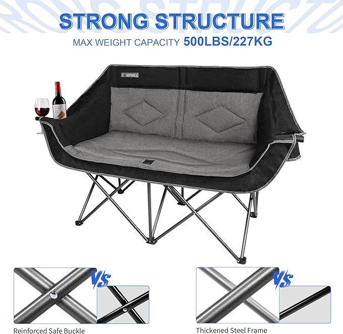Oversized Double Camping Chair-Heavy Duty 2 Person Folding Loveseat Camp Couch for AdultsPortable Outdoor Lawn Chairs with Padded Seat for FishingSports and PatioSupports 500 LBSBlack
