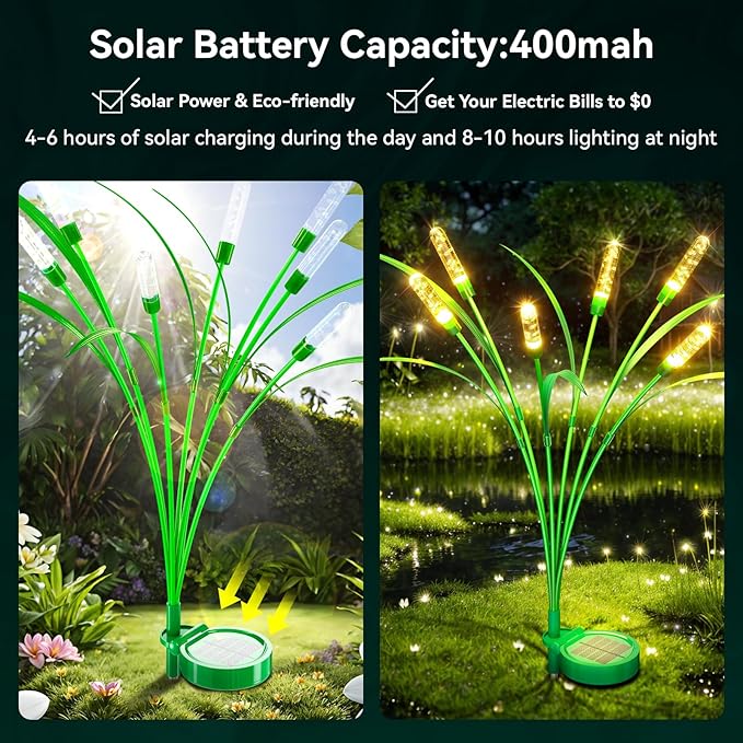 4 Packs Reeds Solar Garden Light 30 Inch Garden Solar Light with 24 Bulbs Intelligent Light Control System IP65 Waterproof Outdoor Solar Light for Decorating Yard Pathway(Warm Color)