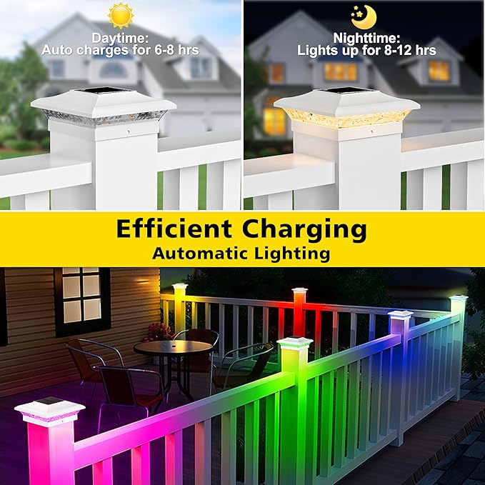 T-SUN Solar Post Cap Lights with Auto-Change Colors- for Vinyl/Wooden Posts Weatherproof Outdoor Solar Fence Post Lights for Deck Porch Garden &amp Stairs(12-PackRGB)