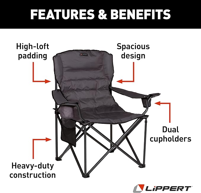 Lippert Campfire Deluxe Folding Chair - Sand High-Loft Foldable Cushion Chair Dual Cup Holders Power Coated Steel Frame Durable 600D Outdoor Polyester Fabric 500 lb. Capacity 2022114828
