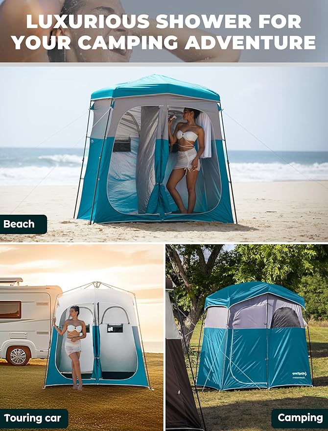 KingCamp Instant Shower Tent Portable Superior Stable Privacy Shelter 2 Large Rooms Outdoor Toilet Tent with Floor for Beach Camping &amp Hiking Setup in Under 60s