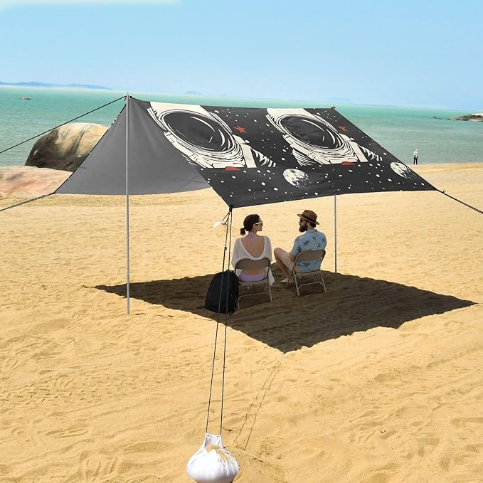 ALAZA Astronaut Portrait Moon Starry Sky Beach Tent Sun Shelter UPF50+ Protection Beach Shade Canopy w/ 4 Sandbags for Outdoor Camping Fishing Backyard Fun Picnic 10x9 ft