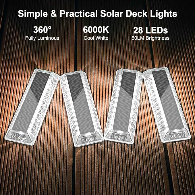 Lacasa Solar Deck Lights Solar Lights Outdoor Waterproof IP68 4 Pack Solar Powered Pathway Yard Driveway Step Landscape Light LED Lighting 50LM for Garden Path Walkway Stair Patio Cool White 6000K