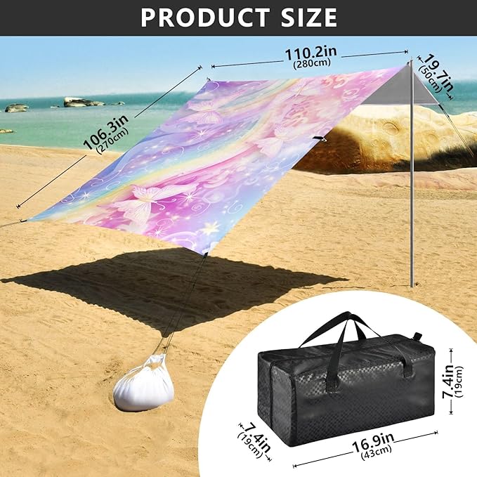 ALAZA Butterfly Unicorn Rainbow Beach Tent Sun Shelter UPF50+ Protection Beach Shade Canopy w/ 4 Sandbags for Outdoor Camping Fishing Backyard Fun Picnic 10x9 ft