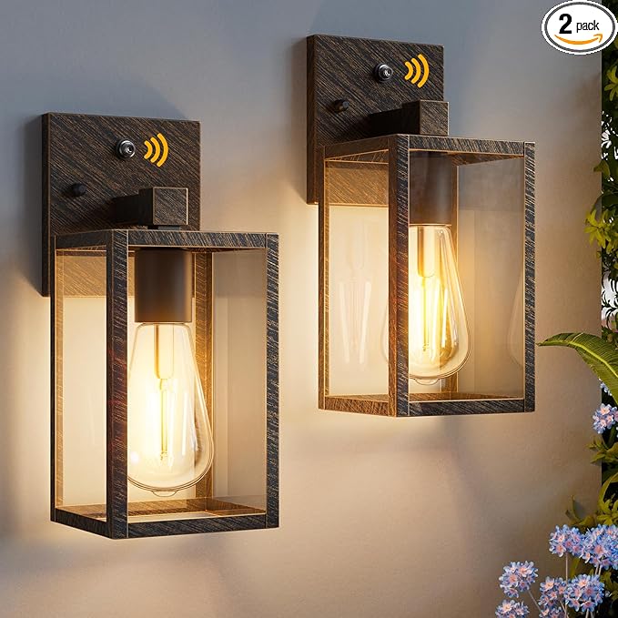 2 Pack Black Brush Gold Dusk to Dawn Exterior Lighting Fixtures Wall Mount Sensor Outside Front Porch Lights for House Outdoor Lantern Lamp Wall Sconce Lights Coach Light for Garage Entryway