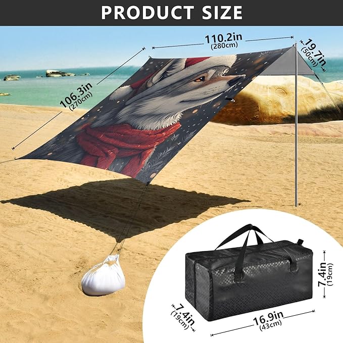ALAZA Christmas Wolf Beach Tent Sun Shelter UPF50+ Protection Beach Shade Canopy w/ 4 Sandbags for Outdoor Camping Fishing Backyard Fun Picnic 10x9 ft