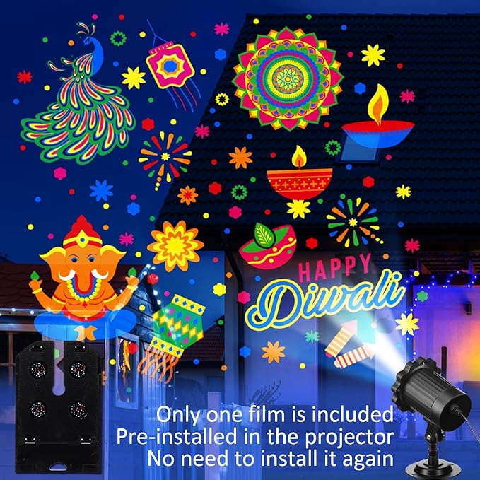 Happy Diwali Projector Lights Outdoor Festival LED Projector Decorations Elephant Sun on Dynamic Waterproof Outdoor Indoor Diwali Festival Projection for Landscape Garden Yard Patio Party