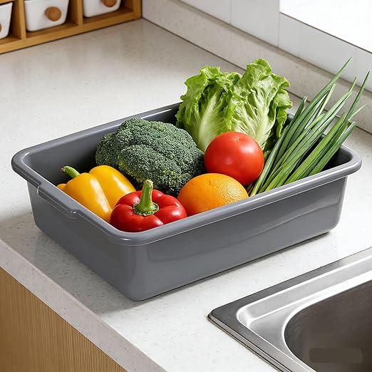 4-Pack Bus Box Dish Tub for Restaurants Standard Bus/Utility Box 25L Gray Plastic Heavy Duty Wash Basin/Dish Washing Tub for Kitchen Organization/Storage