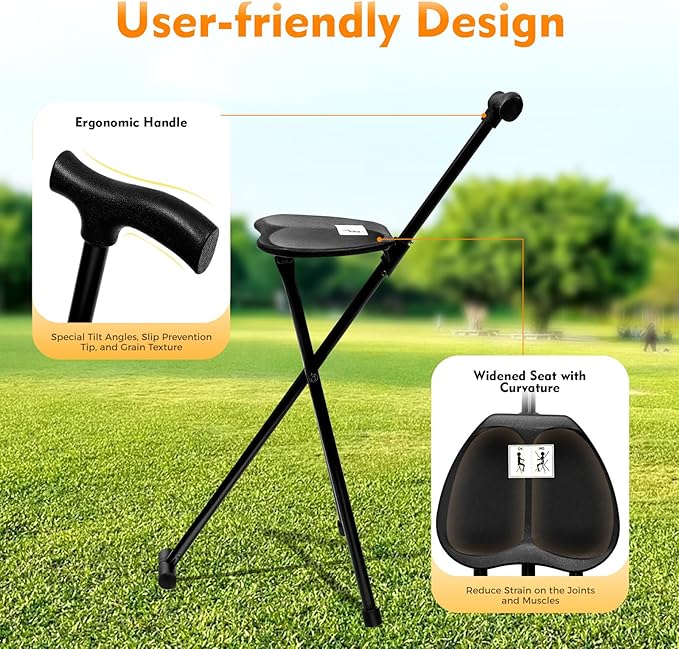 2-in-1 Walking Cane with Seat Cane Stool Crutch ChairPortable Folding Walking Stick Cane Chair Lightweight Sturdy Tripod Cane Stool for ElderlyMenWomenMax Load 249.12lbs