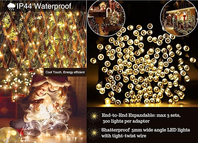 Soft Twinkle Magic Lights (100 LED Warm-White Green wire) SENSORY FRIENDLY Plug-in Connectable Waterproof Holiday wedding