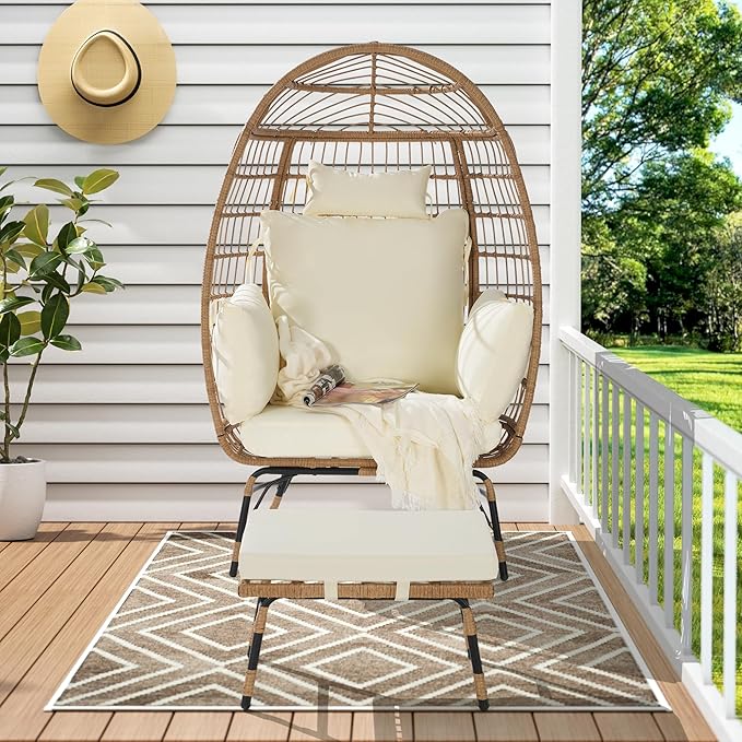 Wicker Egg ChairRattan Egg Chair Indoor OutdoorOversized Large Egg Chairs 600lbs with Ottoman and Thick Cushions for Porch Backyard Balcony
