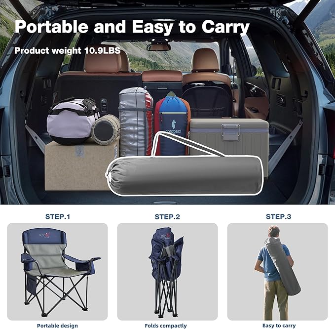 2 Pack Oversized Folding Camping Chair Heavy Duty Support 500LBS Outdoor Chair with Cup Holder Storage and Cooler Pouch Collapsible Padded Arm Chair for Sports Garden Beach Fishing Blue