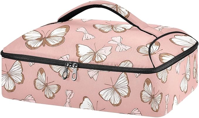 Casserole Carrier Elegance Pattern Pink ButterfliesInsulated Casserole Carrier for Hot or Cold Food Thermal Lunch Tote for Potluck Parties Picnic Beach Fits 9 x 13 Inches Baking Dish