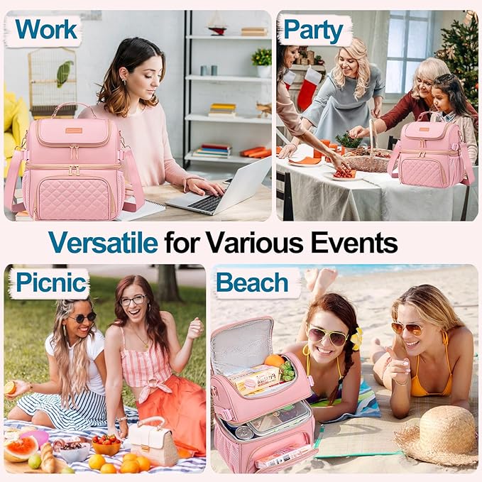 Lunch Bags for Women Dual Compartment Lunch Box Lunch Bag for Work Leakproof Lunch Cooler Large Insulated Lunchbox for Adult for Women Men Lunchbag for Picnic Beach (Pink)