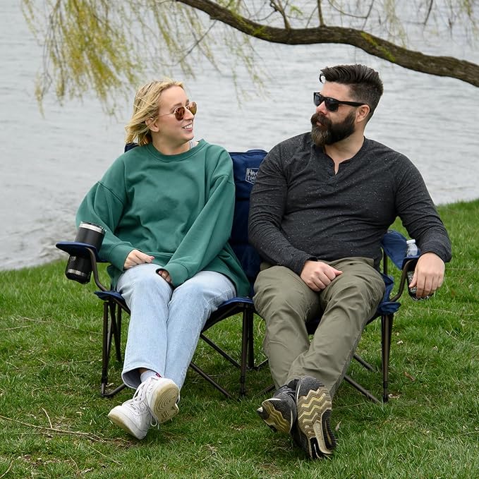 Timber Ridge 2 Person Folding Loveseat Comfortable Double Foldable Camping Chair Folding Lawn Chairs for Outside Blue