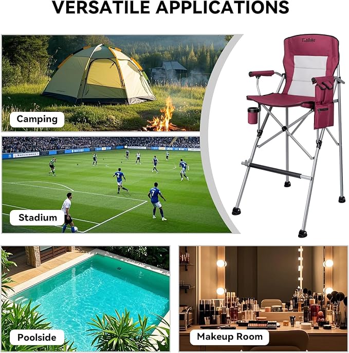Foldable Directors Makeup Salon High Chair - Portable Camping Bar Height Folding Photoshoot Chairs with Stroage Bag Cup Holder Non-Slip Footrest Supports 400 lbs Red Tall Director Chair