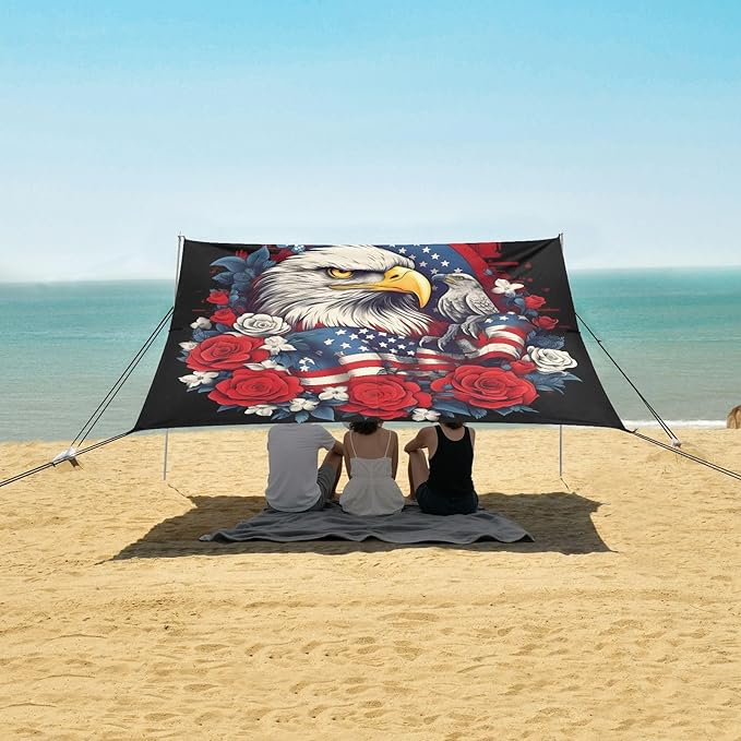 ALAZA Eagle American Flag Beach Tent Sun Shelter UPF50+ Protection Beach Shade Canopy w/ 4 Sandbags for Outdoor Camping Fishing Backyard Fun Picnic 10x9 ft
