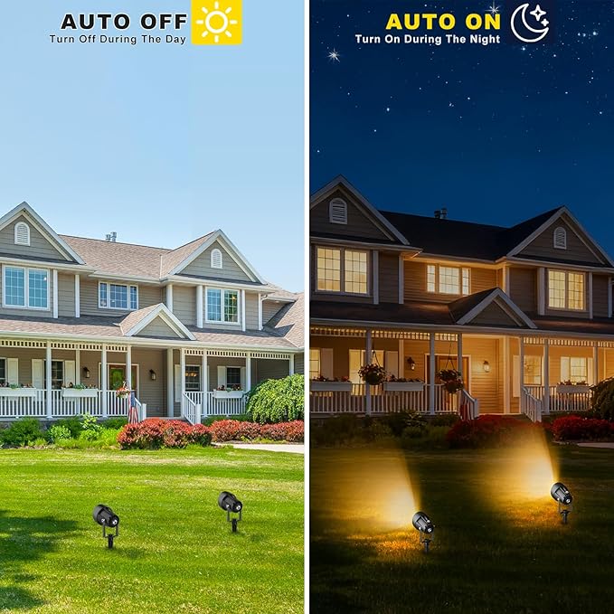Landscape Spot Lights Outdoor Dusk to Dawn Outdoor Lighting with IP65 Waterproof Auto On/Off 3000K Warm White Plug in Spotlight for Yard Tree Wall Pathway Flag Pole House 4 Pack