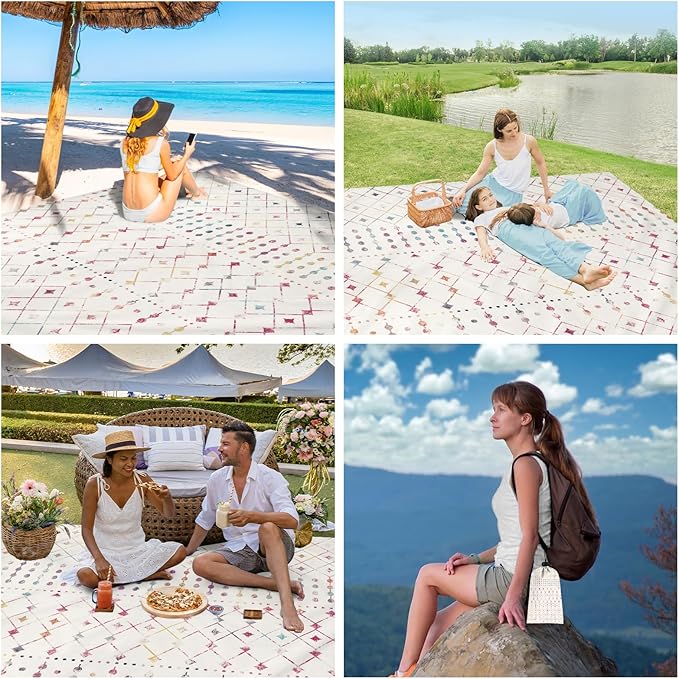 Boho Moroccan Beach Blanket Sandproof Large 78×86 Beach Mat Sand Free Waterproof Fits Up to 4 Adult Compact Quick Dry Polyester Outdoor Picnic Blanket with Stakes for Travel Camping Hiking