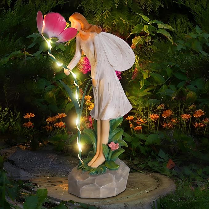 Fairy Garden Statue Outdoor Decor Solar Powered Garden Sculptures Fairy Resin Statues Waterproof Pink Flower Solar LED Lights Yard Art Decorations for Outside Patio Lawn Decor