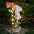 Fairy Garden Statue Outdoor Decor Solar Powered Garden Sculptures Fairy Resin Statues Waterproof Pink Flower Solar LED Lights Yard Art Decorations for Outside Patio Lawn Decor