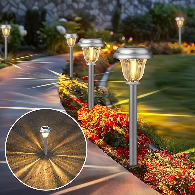 DERAYSION Solar Lights Outdoor Waterproof Brushed Stainless Steel Glass Solar Pathway Lights Auto On/Off Long-Lasting Outdoor Solar Lights for Garden Landscape Path Yard 6 Pack