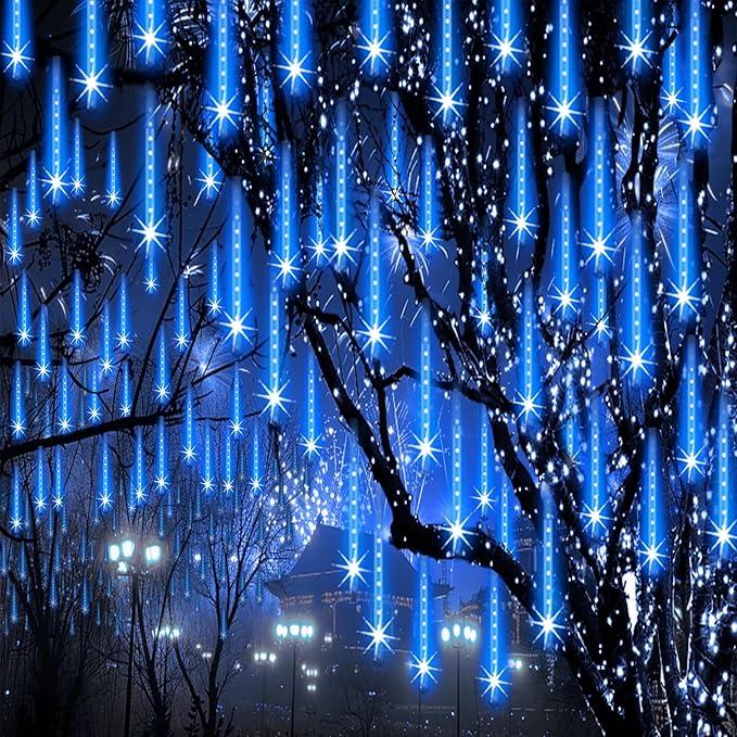 Christmas Lights Outdoor Meteor Shower Lights 24-Tube 576LEDs Snow Falling Rain Cascading Icicle Light for Xmas Tree Christmas Decorations Wedding Party Holiday Garden Decor UL Plug Blue