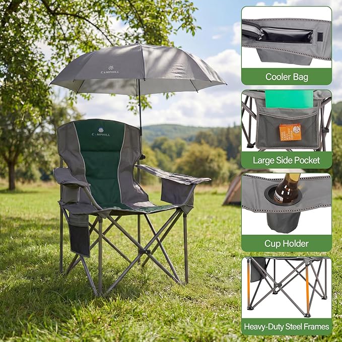CAMPHILL 2 Pack Oversized Camping Chairs with Adjustable Umbrella-Folding Padded Lawn Chair with Backrest &amp Comfy Armrest-Heavy Duty for Beach Patio PicnicDark Green