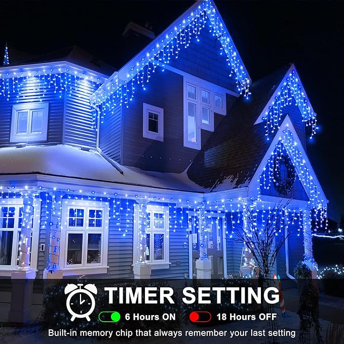 Icicle Lights for Outside 98FT 1216 LED Icicle Christmas Lights Outdoor with 228 Drops 8 Modes Waterproof String Twinkle Light for Indoor Bedroom House Holiday Party Wedding Decorations Blue