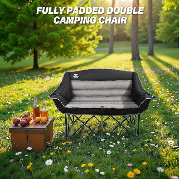 Fully Padded Folding Double Camping ChairsComfy Oversized Loveseat Lawn Chair w/Wine Glass HolderCup HolderHeavy Duty Outdoor Portable Camp Couch Support 600 LbsBlack