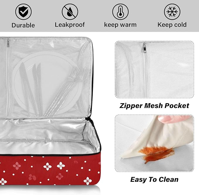 Casserole Carrier Red FlowersInsulated Casserole Carrier for Hot or Cold Food Thermal Lunch Tote for Potluck Parties Picnic Beach Fits 9 x 13 Inches Baking Dish