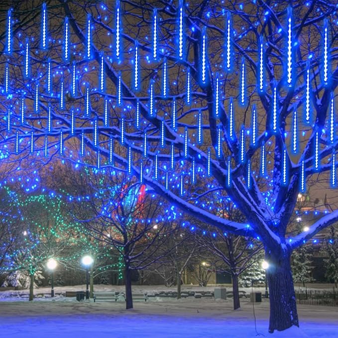 2 Pack Extendable Christmas Lights Decorations Outdoor 16 Tubes 384 LEDs Meteor Shower Lights with Timer Cascading Falling Raindrop String Light Plug in for Holiday Graden Yard Tree Xmas Decor (Blue)