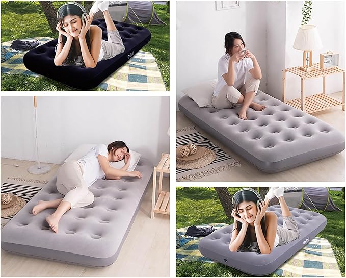 Twin Size Single Camping Air Mattress Bed with Air PumpInflatable Travel Air MattressThickened Portable Blow Up Sleeping Bed Pad for Truck Tent Camping/Home/Hiking(Black)